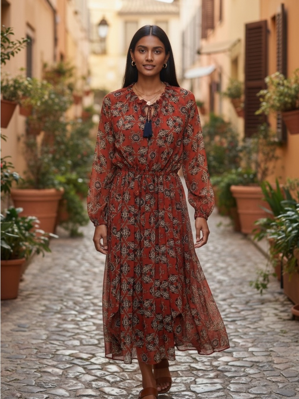 0053. Misa Los Angeles Rust Floral Maxi Dress with Tassel Tie